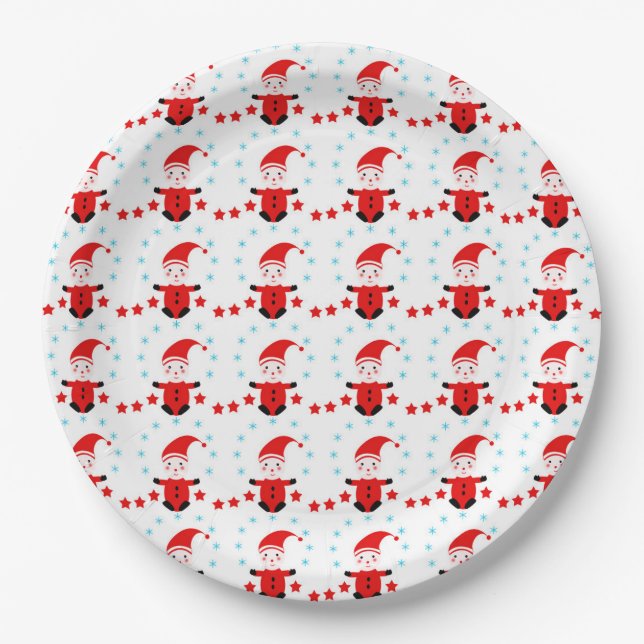 Festive elves and stars pattern paper plate (Front)