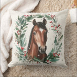 Festive Equestrian Horse Wreath Custom Text Cushion<br><div class="desc">Festive Equestrian Horse Wreath Custom Text on the back Throw Pillow</div>