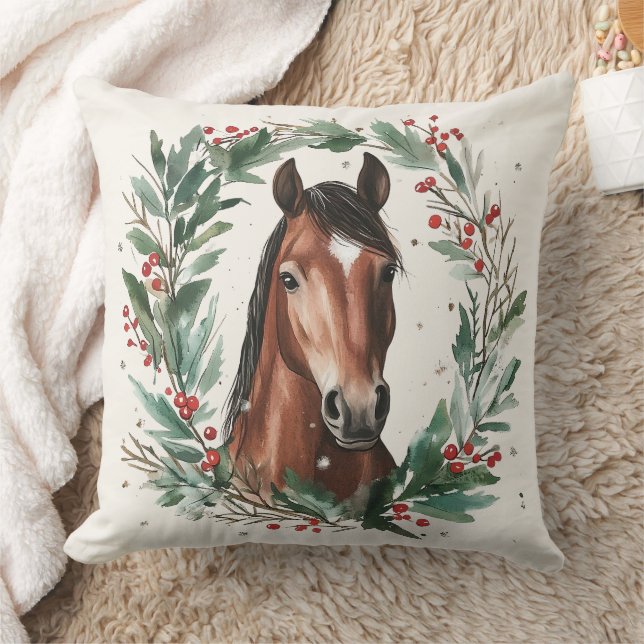 Festive Equestrian Horse Wreath Custom Text Cushion (Blanket)