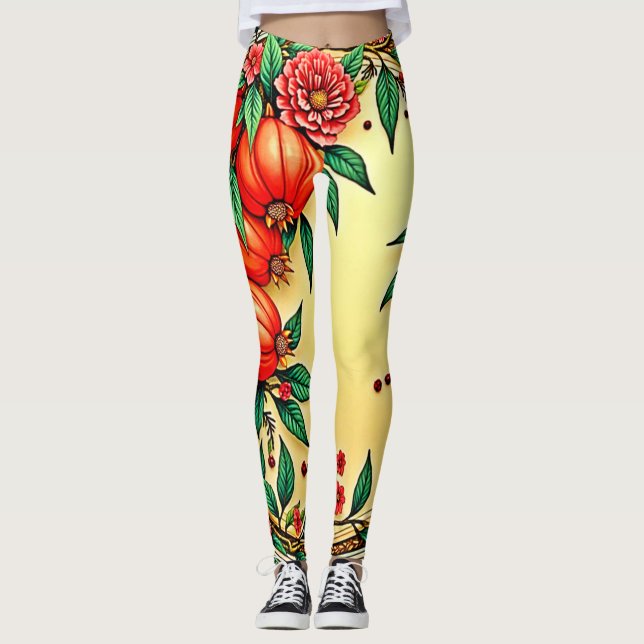 Festive Fall Floral Illustration Design Leggings (Front)
