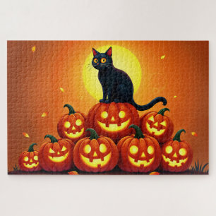 Festive fall Halloween art black feline friend Jigsaw Puzzle