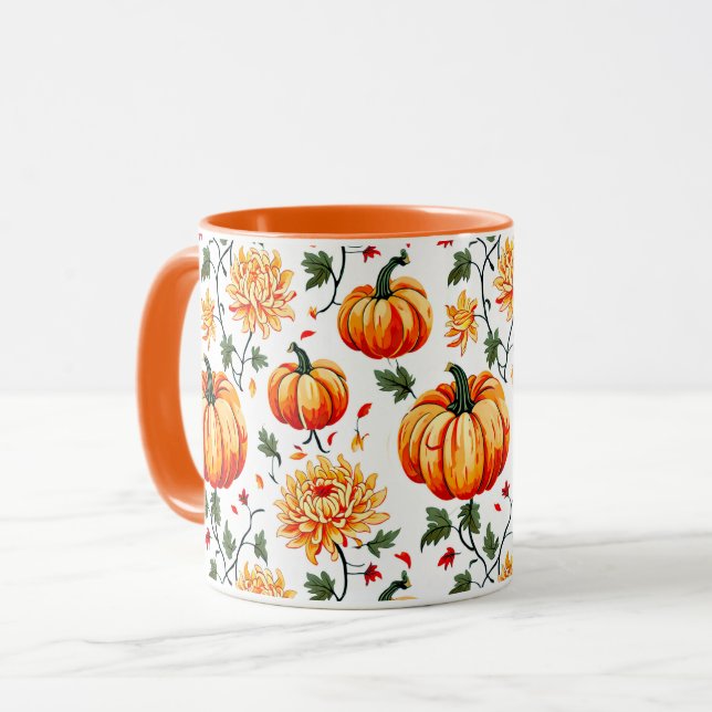 Festive Fall Pumpkins and Chrysanthemums Mug (Front Left)