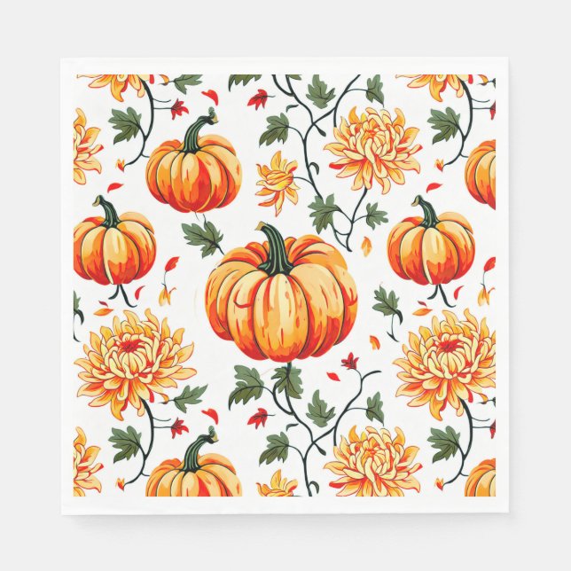 Festive Fall Pumpkins and Chrysanthemums Napkin (Front)