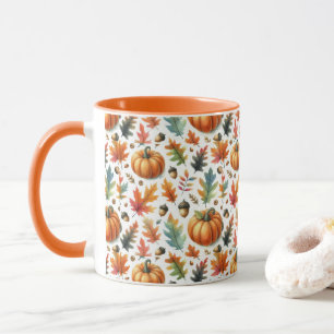 Festive Fall Pumpkins and Leaves on White  Mug