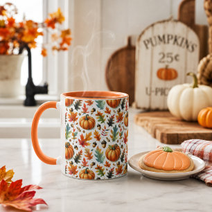 Festive Fall Pumpkins and Leaves on White  Mug
