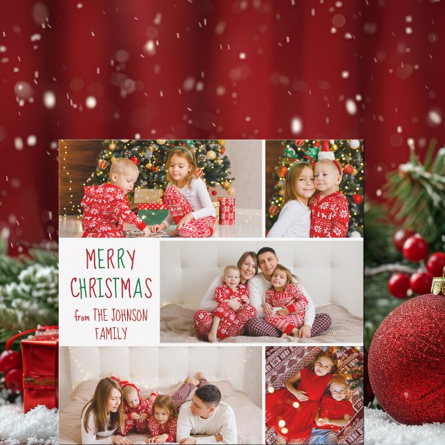 Festive Family 5 Photo Red Green Merry Christmas Holiday Card (Creator Uploaded)