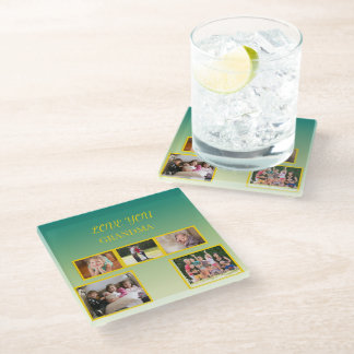 Festive Family Collage with Gold Script Glass Coaster