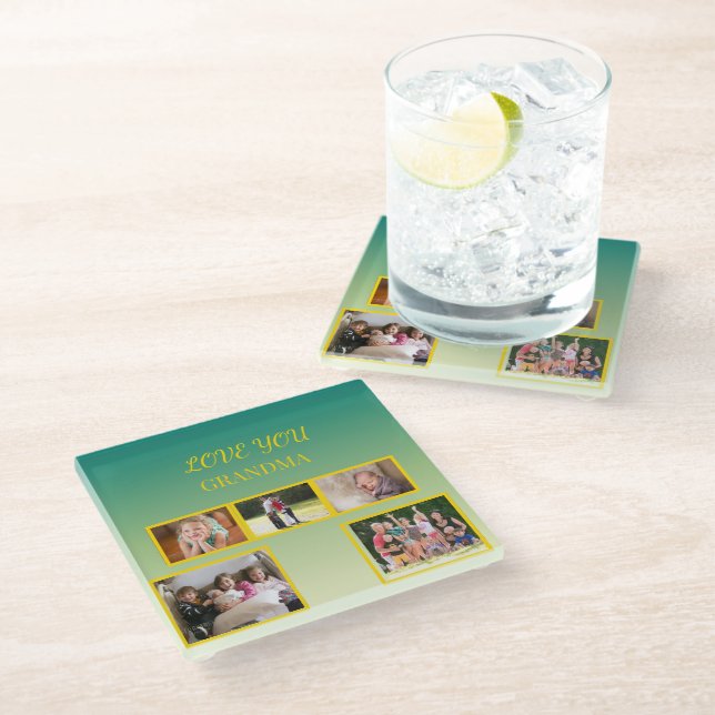 Festive Family Collage with Gold Script Glass Coaster (Angled)