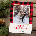 Festive Family Custom Photo Red Christmas Folded Card<br><div class="desc">Vintage style Christmas card,  ready for you to personalise with your own favourite photo! Featuring a traditional Buffalo Plaid check pattern in red and black,  and a cute festive dog illustration inside. The text on the front,  inside and back can be customised.</div>