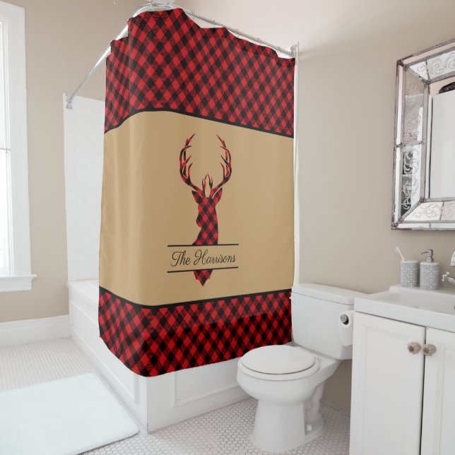 Festive Farmhouse Buffalo Plaid Deer Personalised Shower Curtain (In Situ)