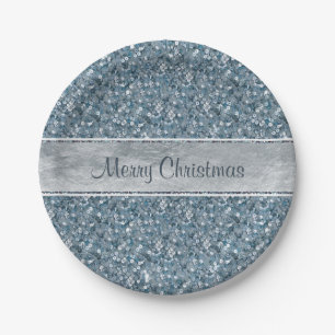 Festive Faux Blue Sequins Silver Foil Glitter Paper Plate