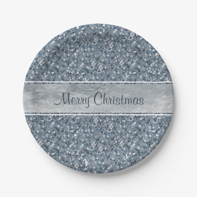 Festive Faux Blue Sequins Silver Foil Glitter Paper Plate (Front)