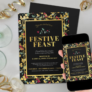 Festive Feast black gold berries Christmas dinner Invitation