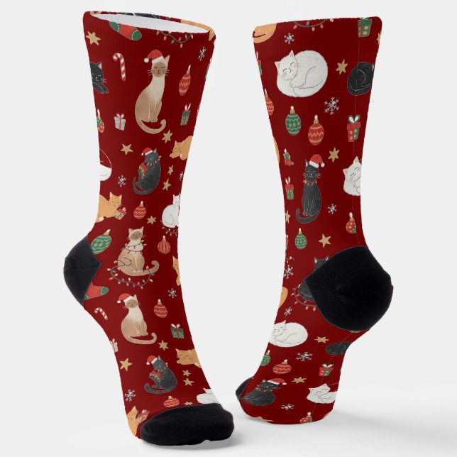 Festive Feline Christmas Holiday Pattern Socks (Angled)