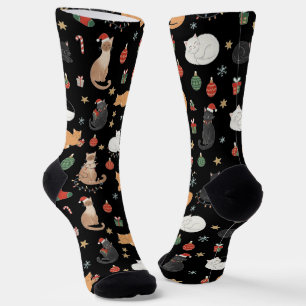 Festive Feline Christmas Holiday Pattern Socks