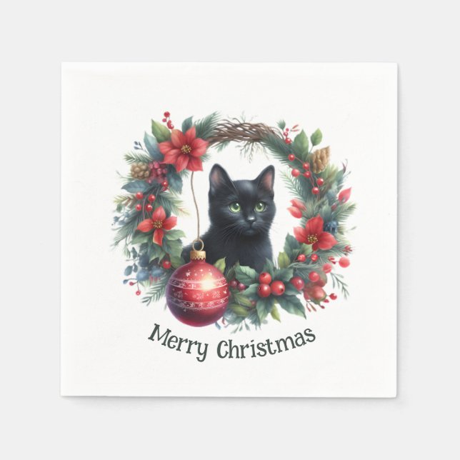 Festive Feline in a Holiday Wreath 4 -  Napkin (Front)