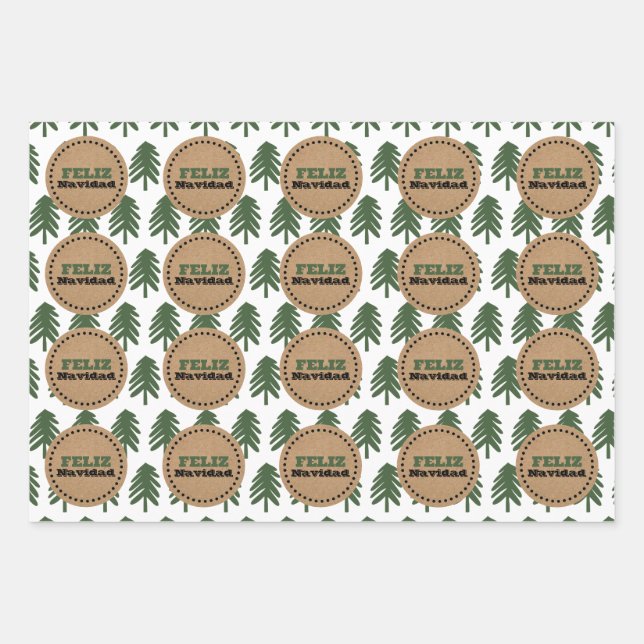 Festive FELIZ NAVIDAD Christmas Tree Wrapping Paper Sheet (Front)