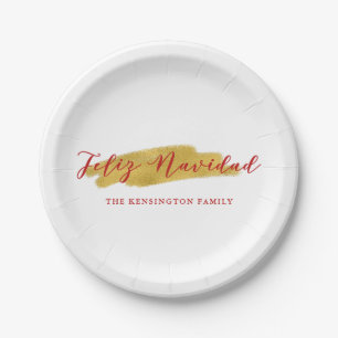 Festive Feliz Navidad Gold Foil Brush Christmas Paper Plate