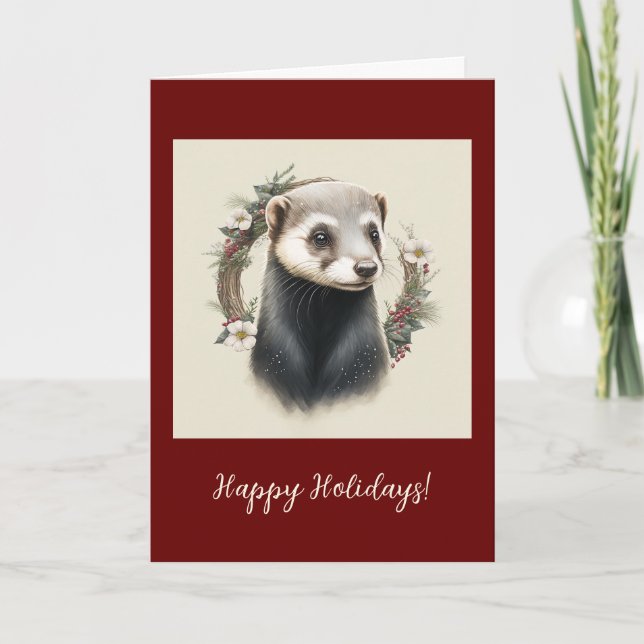 Festive Ferret Pet Folded Holiday / Christmas Card (Front)