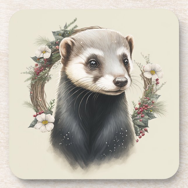 Festive Ferret Winter Holidays/Christmas Coasters (Front)