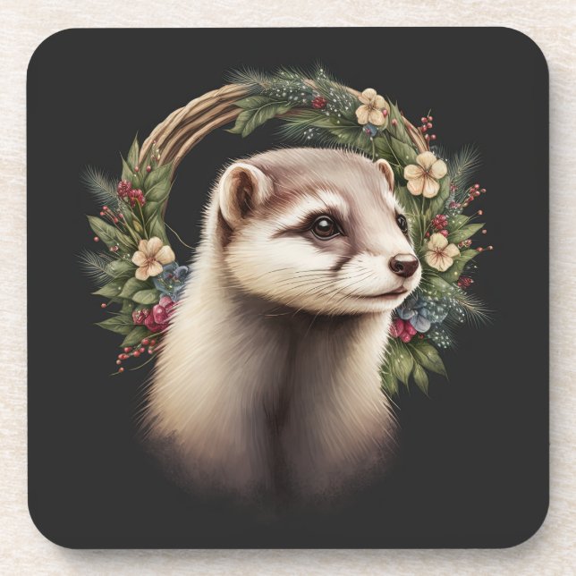 Festive Ferret Winter Holidays/Christmas Coasters (Front)