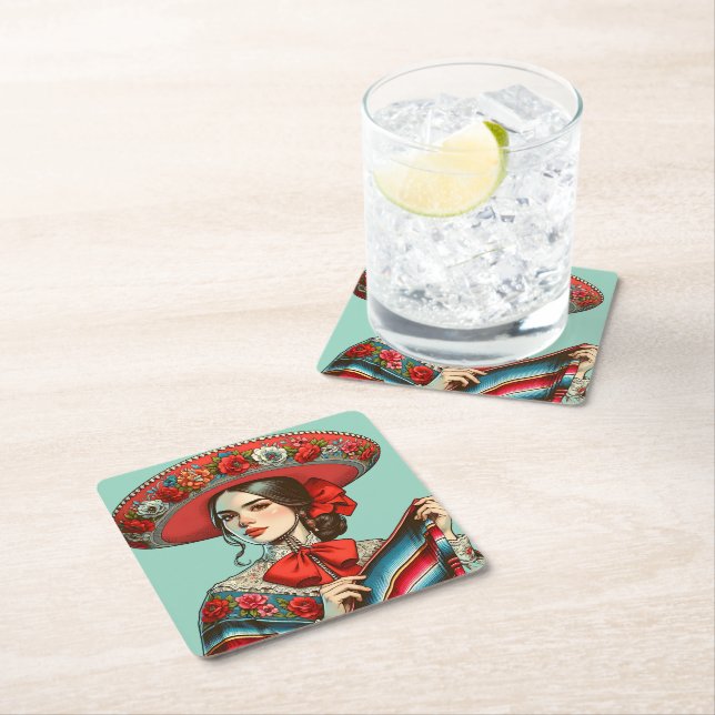 Festive Fiesta Mariachi Party  Square Paper Coaster (Insitu)