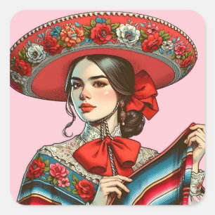 Festive Fiesta Mujer Mariachi Party Favor Square Sticker