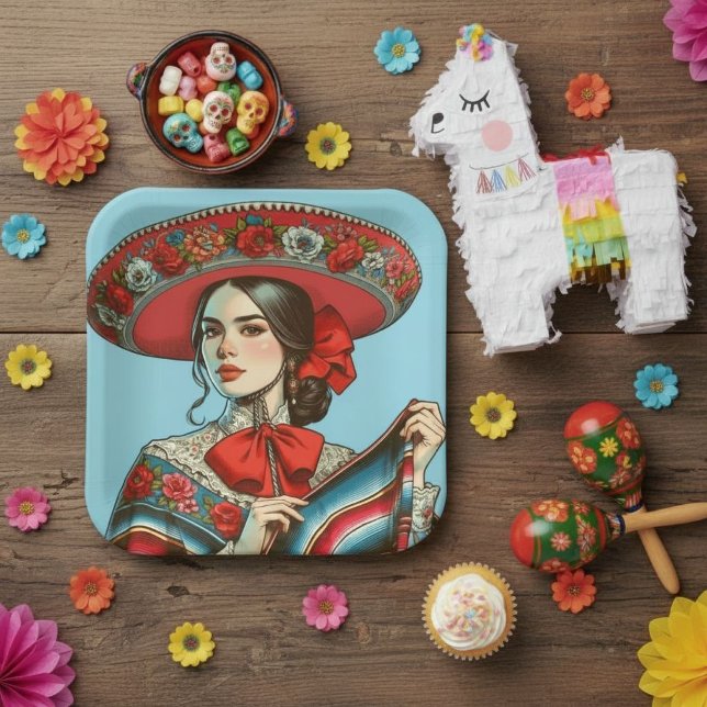 Festive Fiesta Mujer Mariachi Party  Paper Plate (Festive Fiesta Mujer Mariachi Party Paper Plates)