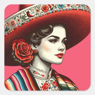 Festive Fiesta Vintage Mexican Woman Party Favor Square Sticker