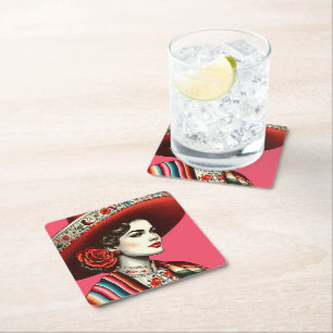 Festive Fiesta Vintage Mexican Woman Party Favour Square Paper Coaster