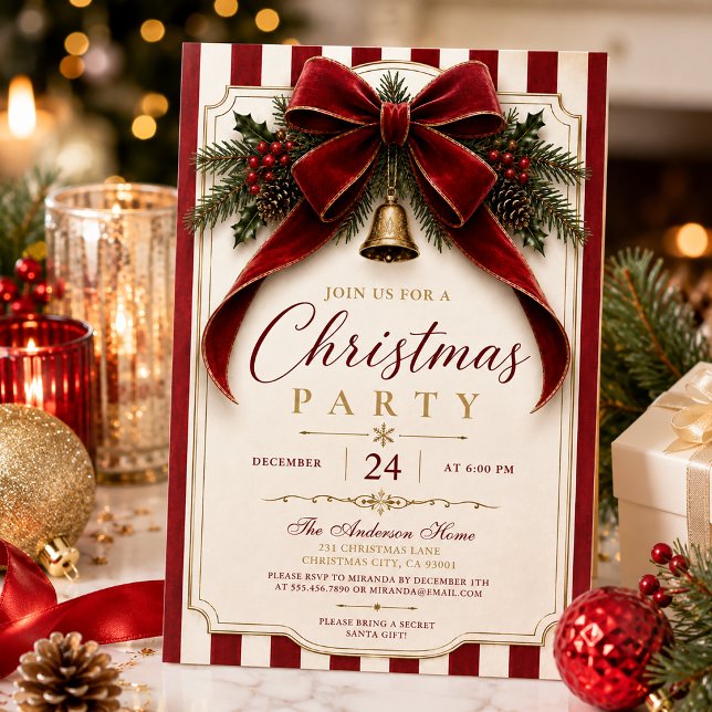 Festive Fir Branches Red Bow Gold Bell Christmas Invitation (Creator Uploaded)