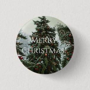 Festive fir trees decorated with garlands 3 cm round badge