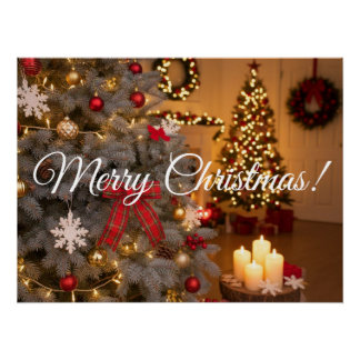 Festive fir trees decorated with garlands  poster