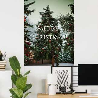 Festive fir trees decorated with garlands  poster