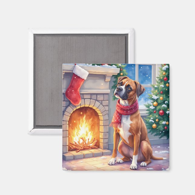 Festive Fireplace Boxer Christmas Art Magnet (Front/Back)