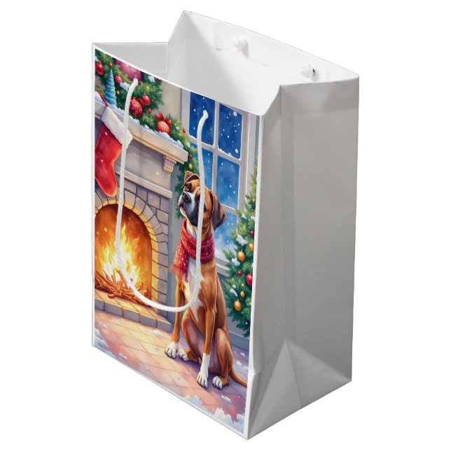 Festive Fireplace Boxer Christmas Art Medium Gift Bag (Front Angled)