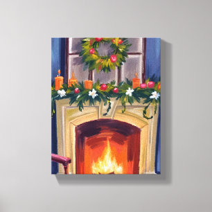 Festive Fireplace Christmas Wreath Watercolor Canvas Print