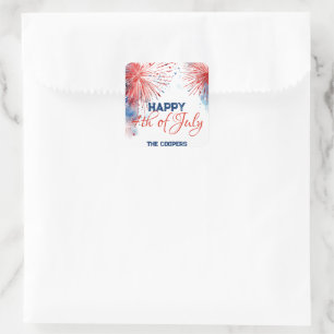 Festive Fireworks Happy 4th of July Custom Name Square Sticker