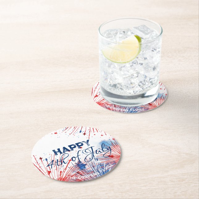 Festive Fireworks Happy 4th of July Custom Text Round Paper Coaster (Insitu)