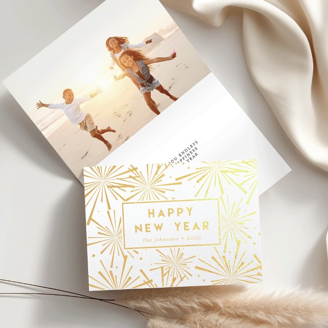 Festive Fireworks | Happy New Year Photo Gold Foil Card (Creator Uploaded)