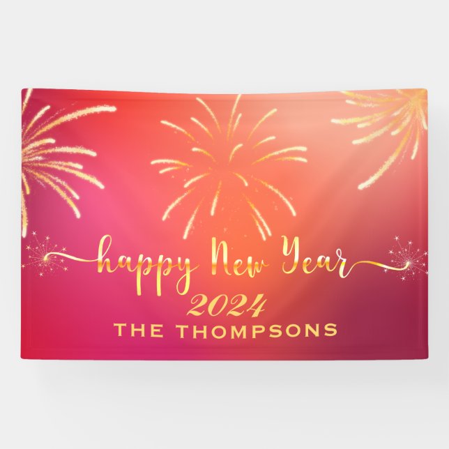 Festive Fireworks Happy New Year Red and Gold Banner (Horizontal)