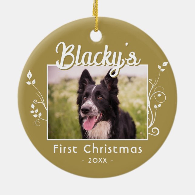 Festive First Christmas Puppy Name Foliage Photo  Ceramic Tree Decoration (Back)