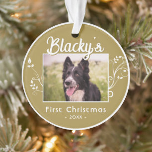 Festive First Christmas Puppy Name Foliage Photo   Ornament