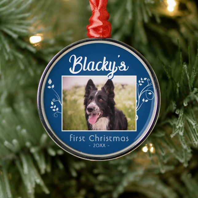 Festive First Christmas Puppy Photo Foliage Blue  Metal Tree Decoration (Tree)