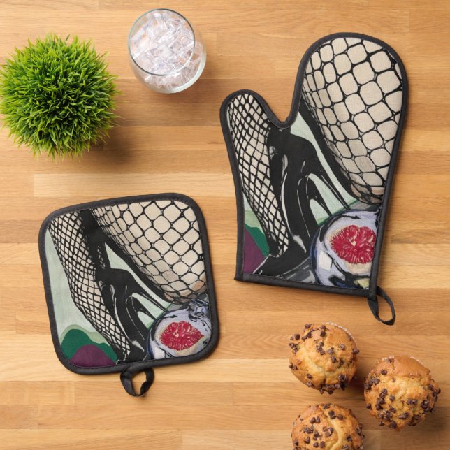 'Festive Fishnets' Painting on a  Oven Mitt & Pot Holder Set (Top Down)