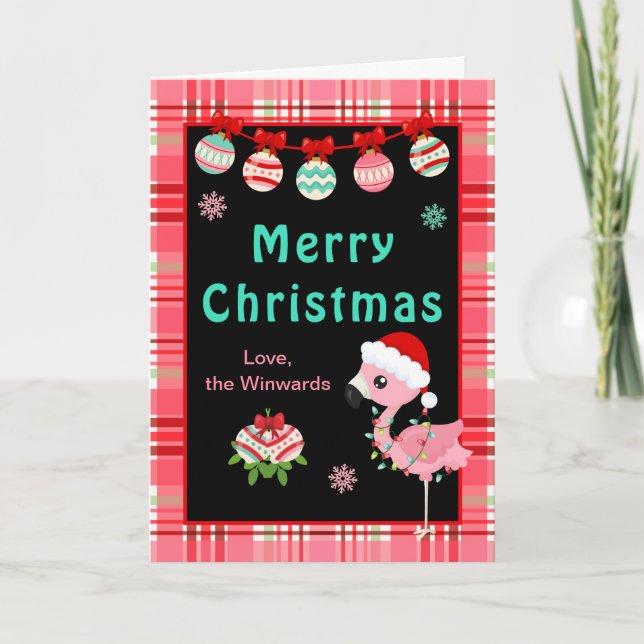 Festive Flamingo Merry Christmas Holiday Card (Front)