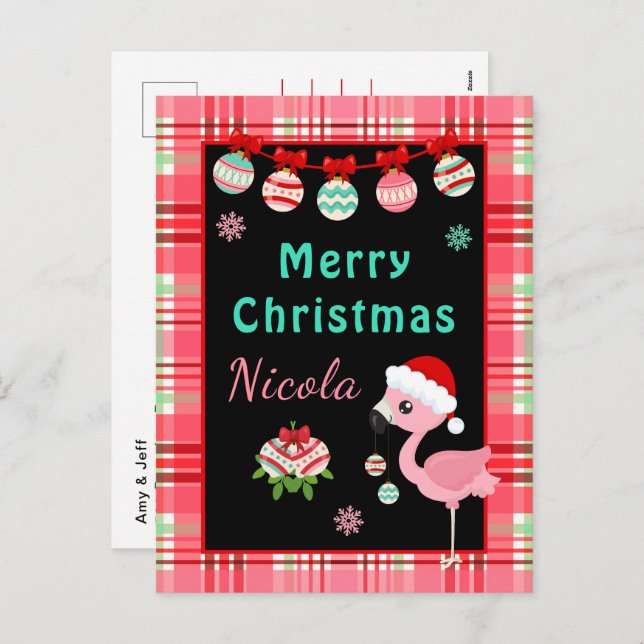 Festive Flamingo Merry Christmas with Name Holiday Postcard (Front/Back)