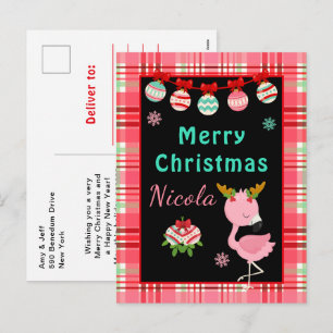 Festive Flamingo Merry Christmas with Name Holiday Postcard