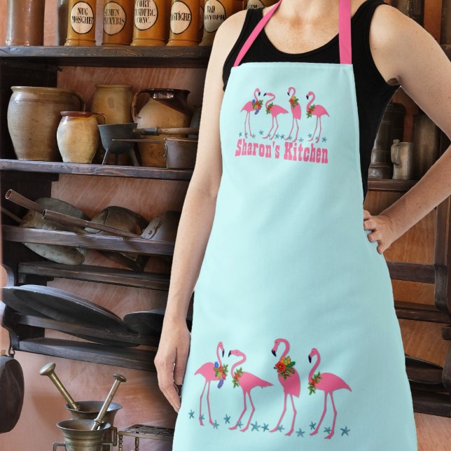Festive Flamingos Personalised Blue Apron (Creator Uploaded)