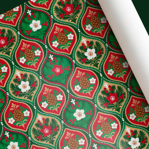 Festive Floral and Pinecone Folk Art Christmas Wrapping Paper